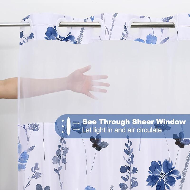 Alishomtll No Hook Shower Curtain with Snap in Liner, Blue Watercolor Floral Shower Curtain with Liner, Hotel Style Shower Curtain with See Through Top Window, Double Layer, Waterproof