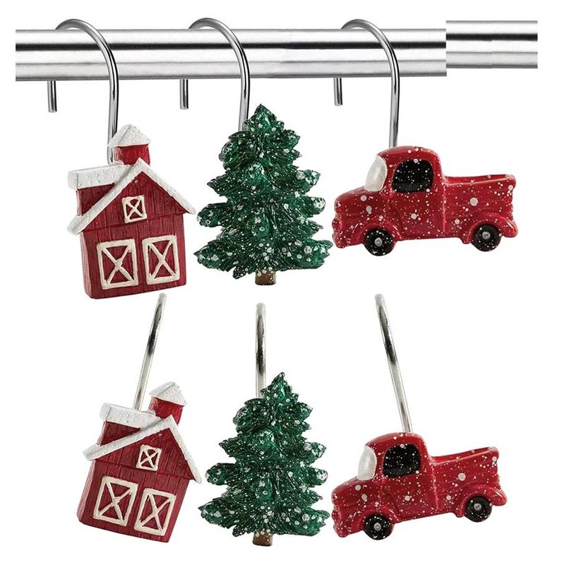 Christmas Themed Shower Curtain Hooks, 12pcs Cute Mini Car & Tree & House Design Decorative Shower Curtain Hooks, Bathroom Accessories for Home Dormitory Hotel Decor