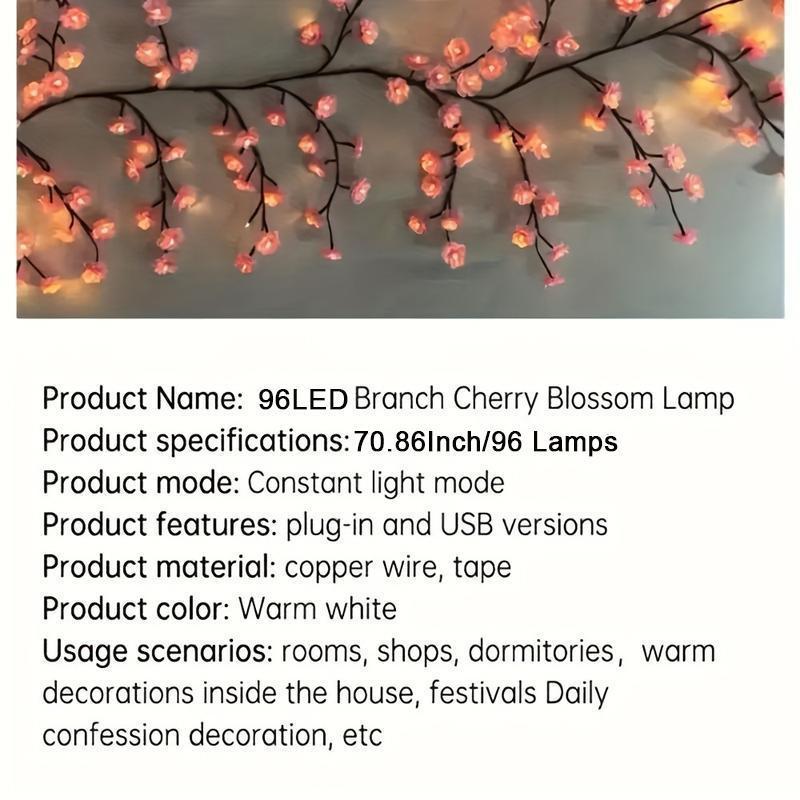 Christmas Cherry Blossom LED Branch Shaped Light for Room Decor, 1 Count Lovely Romantic USB Powered DIY Holiday Vine Light, Suitable for Living Room, Bedroom Wall Decoration, Fall Decor