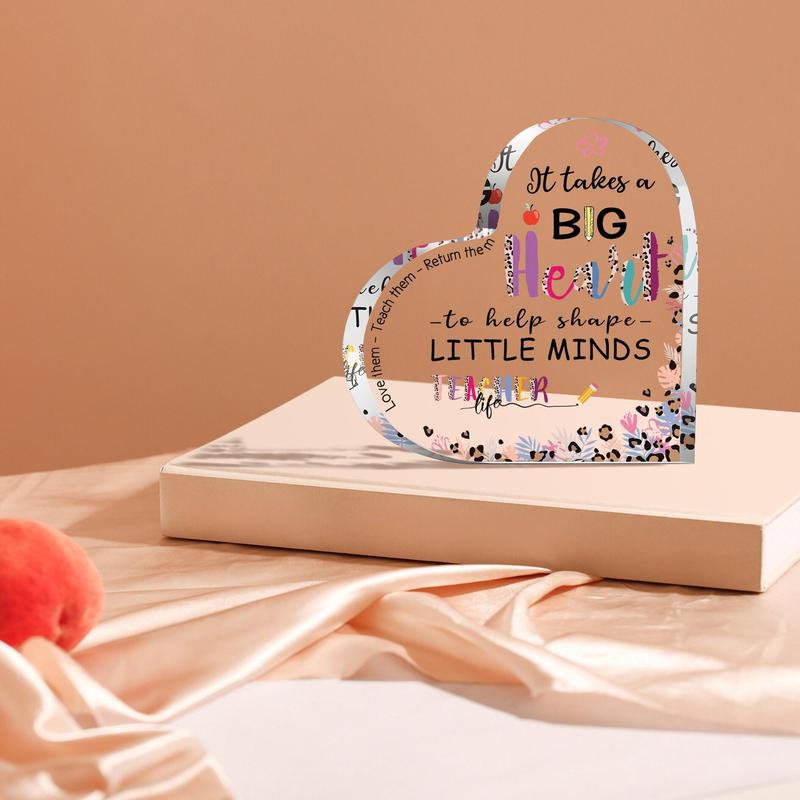 Heart Shaped Letter Printed Acrylic Ornament, 1 Count Creative Heart Shaped Ornament for Teacher, Desk Decorative Ornament for Teacher, Summer Gift, Gift for Teacher, Halloween Gift