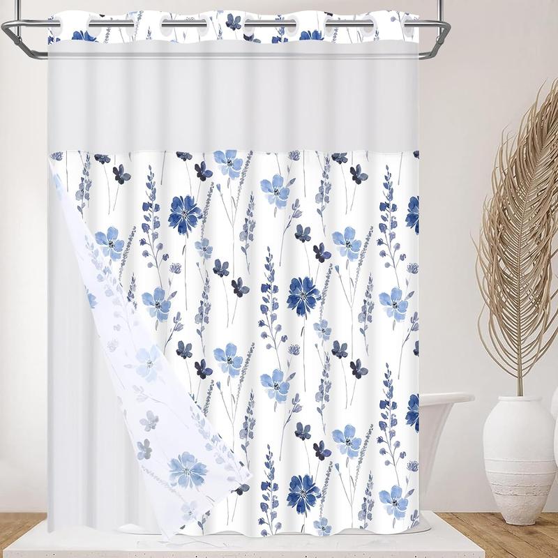 Alishomtll No Hook Shower Curtain with Snap in Liner, Blue Watercolor Floral Shower Curtain with Liner, Hotel Style Shower Curtain with See Through Top Window, Double Layer, Waterproof