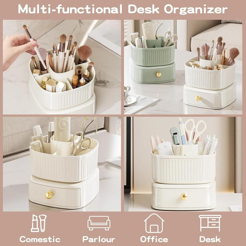 360° Rotating Makeup Brush Holder Organizer with Drawer, Cosmetic Makeup Organizers , Makeup organization and Skincare Storage for Vanity, Desktop, Bathroom (Ivory) Boxes