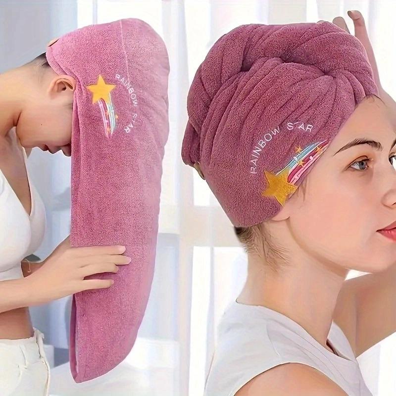 Hair Towel Wrap, 5 Counts Cute Rainbow Star Pattern Hair Drying Towel, Soft Water Absorbent Hair Towel for Women & Girls, Bathroom Accessories