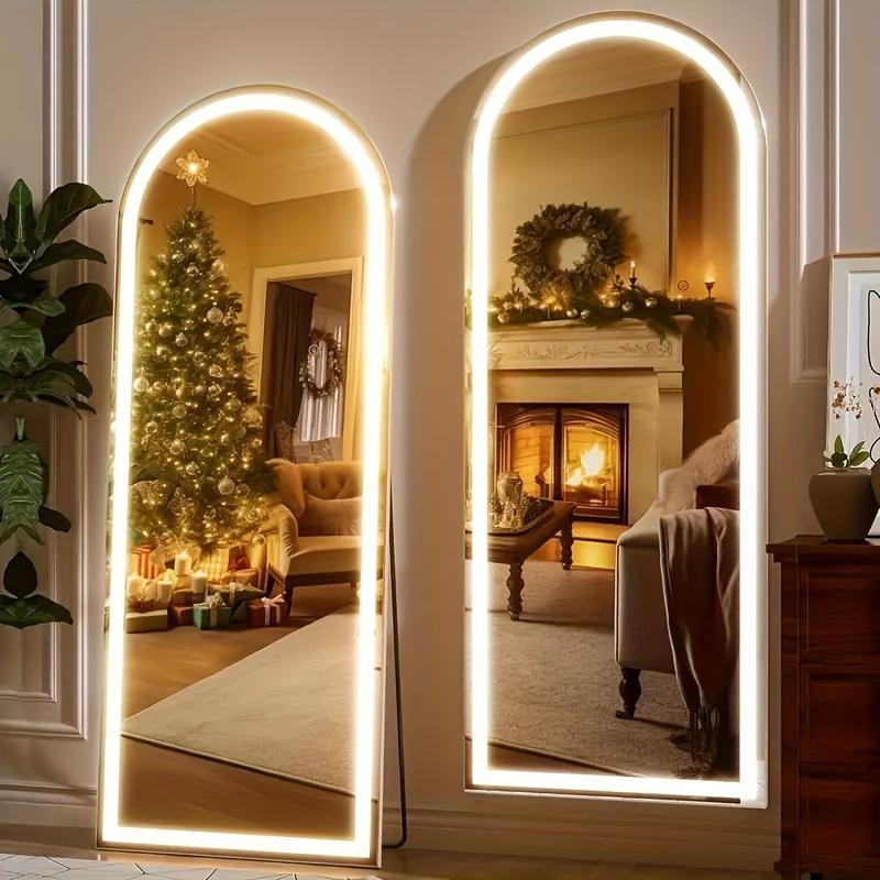 Full-length Mirror, Aluminum Frame - LED Lighted Full-length Mirror - Arched Dressing Mirror - Full-length Dressing Mirror - For Bedroom Or Living Room Use, Available In Black gold white