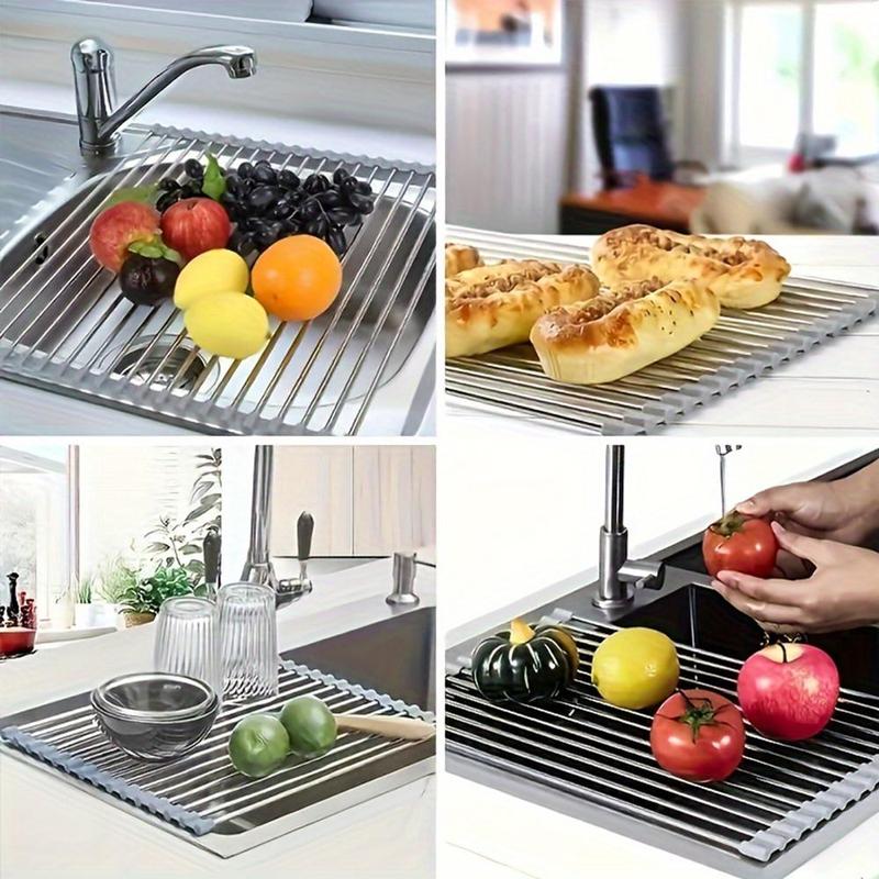 Stainless Steel Roll Up Over The Sink Dish Drying Rack, 1 Count Multifunctional & Portable Kitchen Drainer Rack, Kitchen Accessories