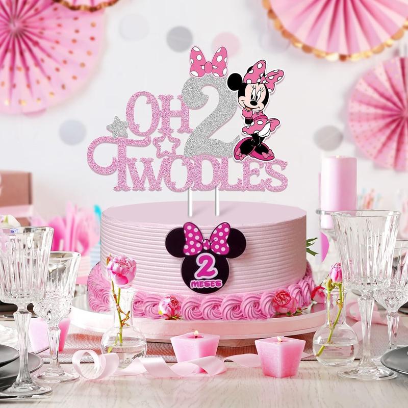 Mouse Oh Twodles Cake Topper for Girls, Pink Glitter Mouse Second 2nd Birthday Cake Topper with Pink Bows for Girls Birthday Party Decorations Supplies(Double-sided), &pink (&pink)