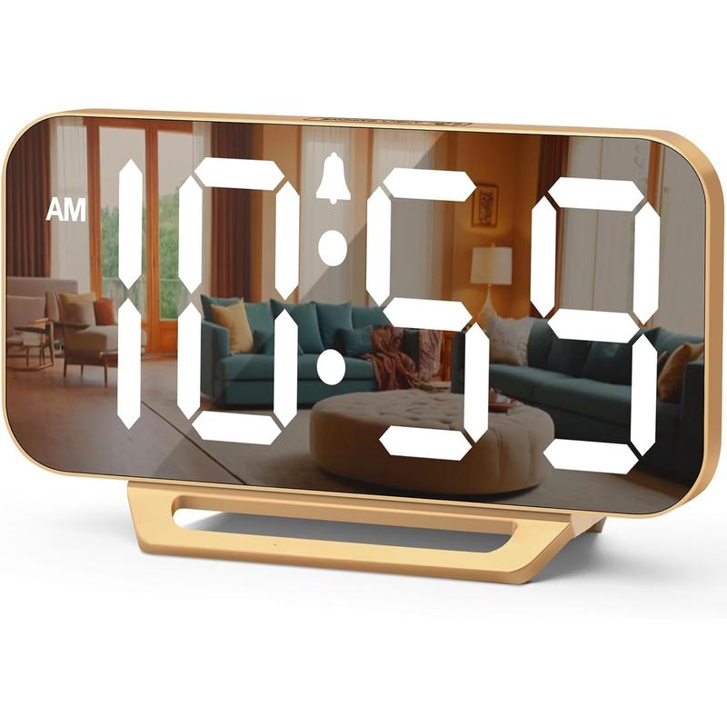 Slim Digital Mirror Clock, Aesthetic Alarm Clock for Desk - Plug in Electric Clock Big LED Modern Decorative Small Table Clock for Office Living Room, 6 Dimmers