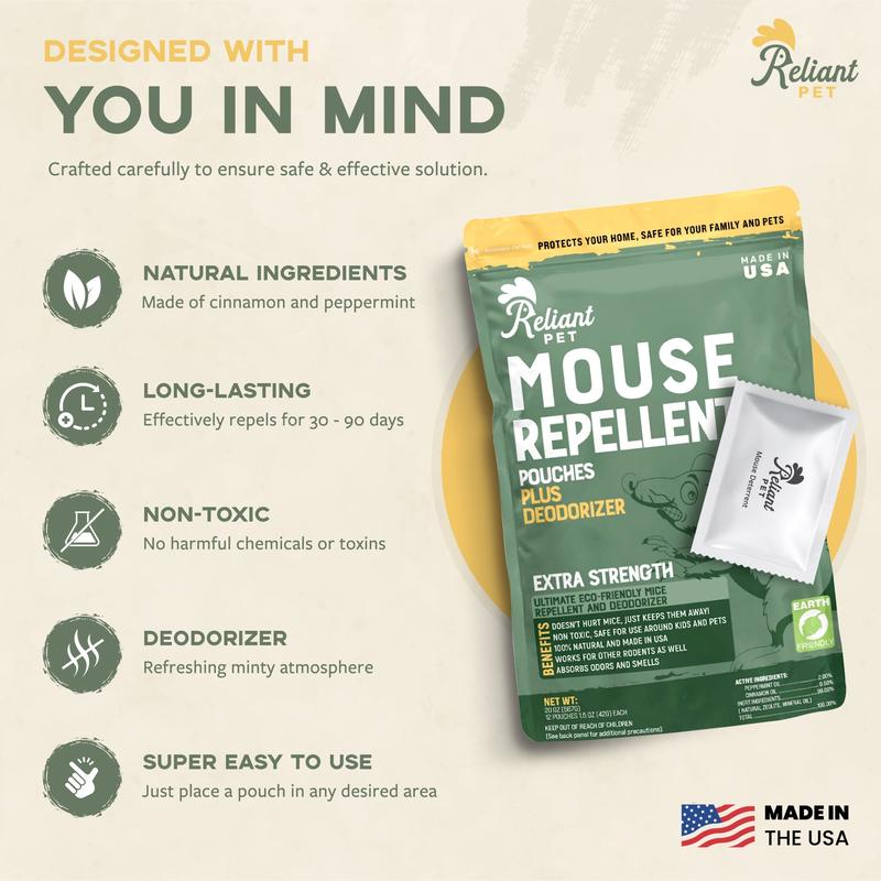 Reliant Pet Mouse Repellent Pouches - Rodent Repellent Made in USA (12 Pouches) - Keep Rodents Out of Cars - Mouse Deterrents with Peppermint Oil