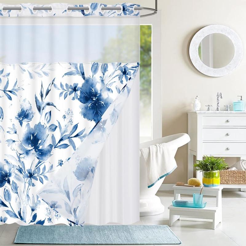 No Hook Shower Curtain with Snap Liner, Blue Floral Shower Curtain and Liner Set, See Through Shower Curtain with Window, Double Layer, Waterproof shower curtain