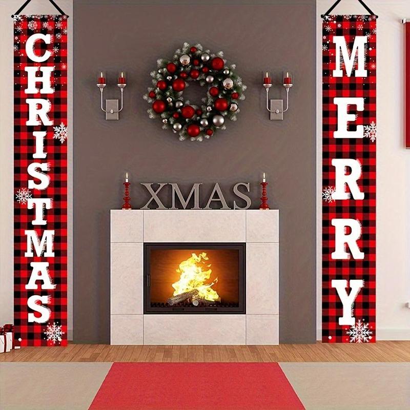 Merry Christmas Banner, 2 Counts set Letter & Plaid Pattern Festive Outdoor Decor Banner, Holiday Party Wall Hanging Decor