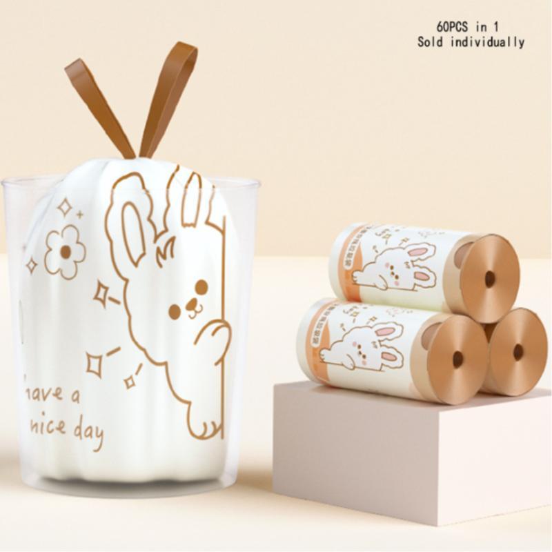 Cute Cartoon Rabbit Pattern Trash Bag (60pcs), Large Bathroom Trash Bag with Drawstring, Home Care Supplies for Bathroom & Kitchen & Living Room