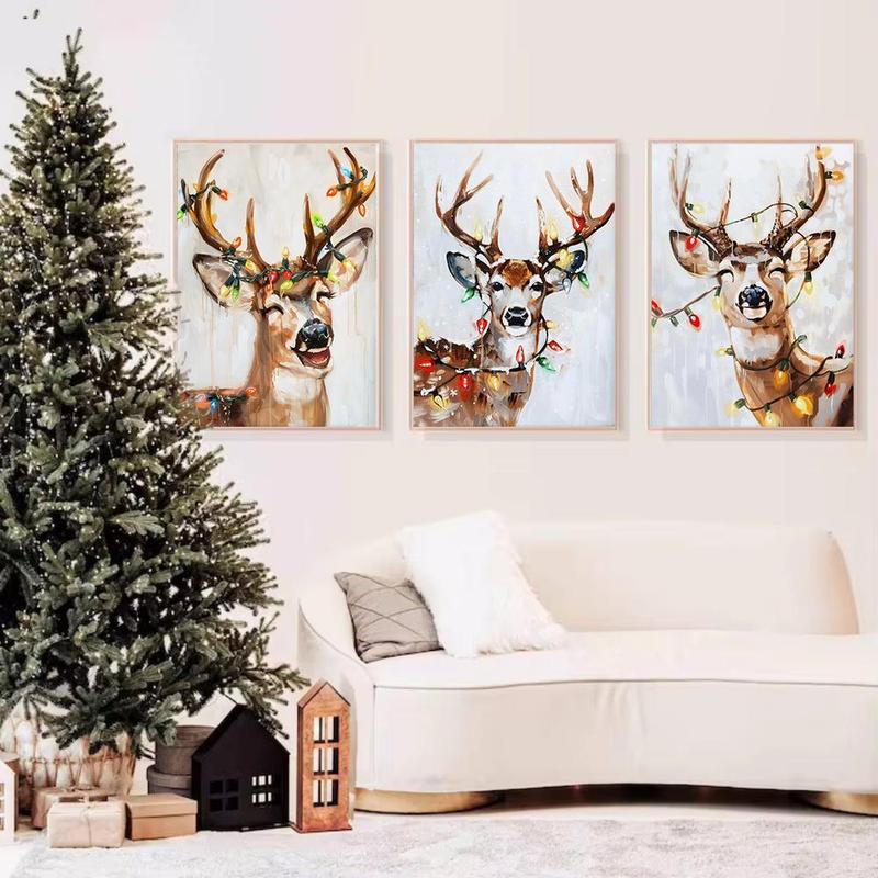 Christmas Deer Pattern Canvas Painting without Frame, 3 Counts set Modern Wall Art Painting, Wall Art Decor for Home Living Room Bedroom Office Gallery