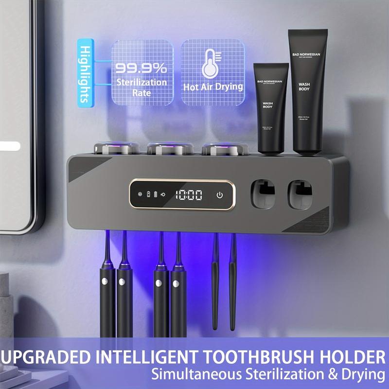 Toothbrush Holder for Bathrooms, Toothbrush Holders and 2 Toothpaste Dispenser with Smart Drying and Cleaning, Toothbrush Holder Wall-Mounted with 3 Cups 6 Toothbrush Slots