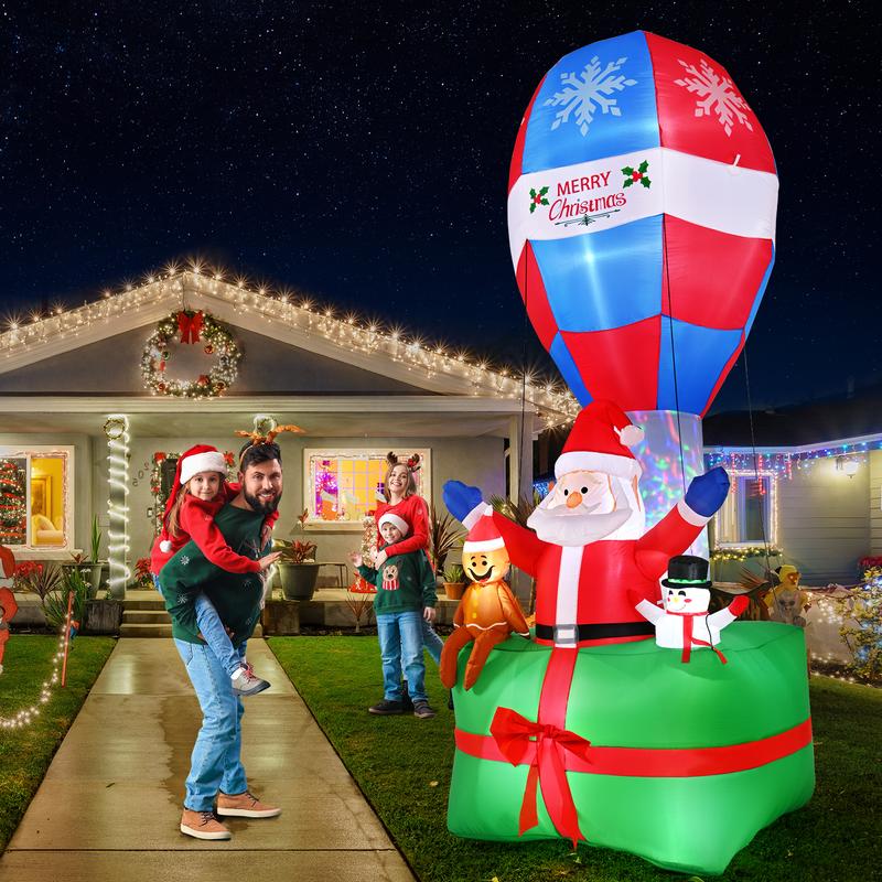 9 FT Christmas Inflatables Outdoor Decoration, Colorful Dynamic LED Lighted Santa with Gingerbread Man and Snowman, Gift Box with Giant Balloon Blow Up Yard Decorations for Xmas