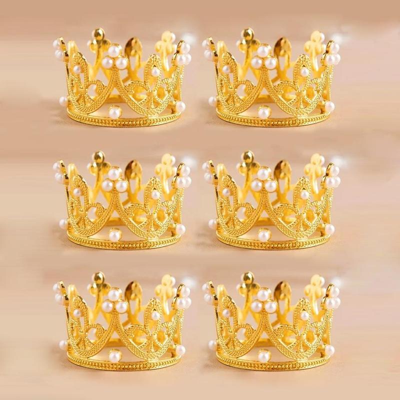 Spring Faux Pearl Decorated Cake Topper, 6pcs set Crown Design Cake Decoration, Cake Decoration Supplies for Birthday Party Wedding