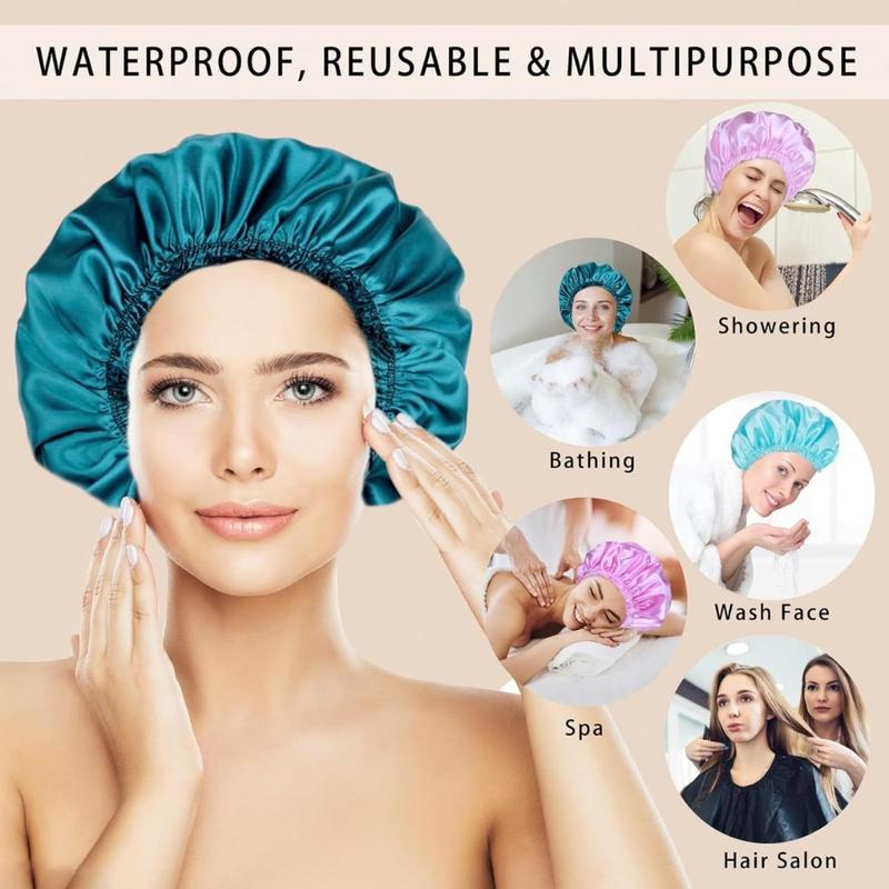 Shower Caps for Women, 4 PCS Elastic and Reusable Bath Caps, Double Waterproof Layers Shower Cap, Bathing Shower Caps, Environmental Protection Hair Bath Hat - Solid Color(Creative Life Pavilion) Cover