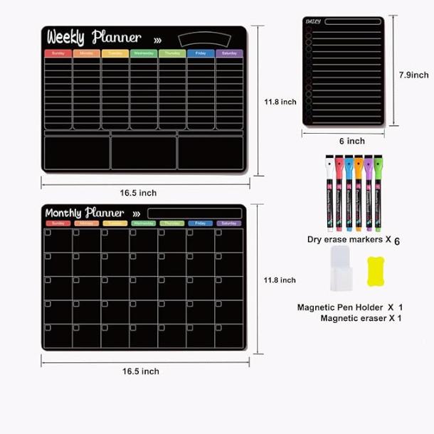 Large Magnetic Calendar for Refrigerator with Dry Erase and 6 Color Markers Monthly & Weekly Planner Black Board for Fridge Wall Refrigerator  .