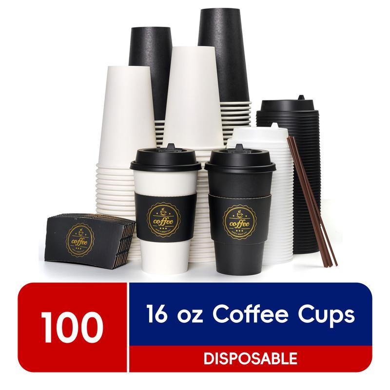 JOLLY CHEF 100 Pack 16 oz Disposable Coffee Cups with Lids, Sleeves and Stirrers, Black and White Paper Cups for Hot Drinks paper cup Thick