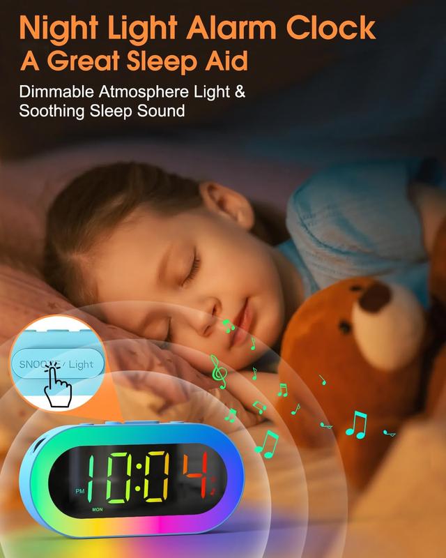 Kids Alarm Clock with Night Light for Bedroom, Color Changing Alarm Clock with USB Ports, Dimmer, Timer, Sound Machine, Customize Alarm, Small Alarm Clock for Kids Teen Boys Girls Adult, Bedside Clock