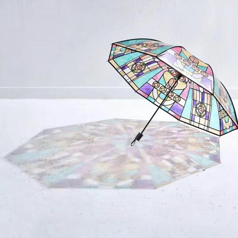 Stained Glass Pattern Folding Umbrella, 1 Count Creative Colorful Umbrella, Automatic Style Umbrella for Women & Men, Party & Festive Decoration Supplies