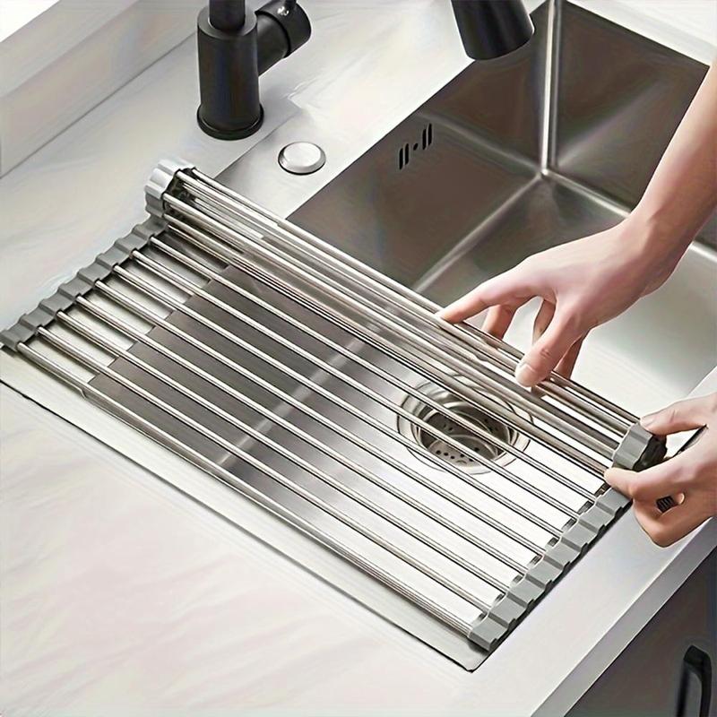 Stainless Steel Roll Up Over The Sink Dish Drying Rack, 1 Count Multifunctional & Portable Kitchen Drainer Rack, Kitchen Accessories