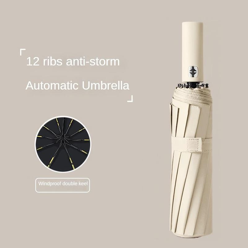 Automatic Folding Umbrella, 1 Count Portable 12-rib Fiber Bone Umbrella, Sun & Rain Dual-use Umbrella for Outdoor Activities