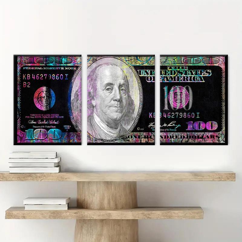 Wooden Framed Canvas Painting Set, 3 Counts set Currency Pattern Wall Art Decor, Canvas Art Wall Decor for Home Living Room Bedroom Office, Wall Art Painting  Room Decor