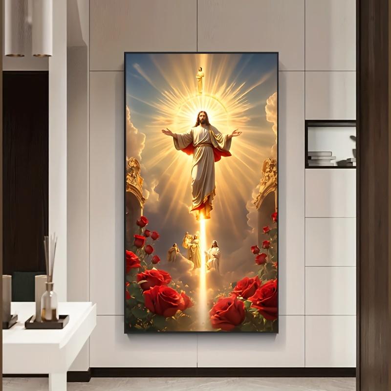 No frame High-Definition Jesus Canvas Print Poster, Religious Wall Art Picture, Home Decor Ascension Scene with Angels & Roses, Spiritual Living Room Bedroom Artwork, Unframed Christian Festival Gift - 1 Piece Ornaments Decoration Photo