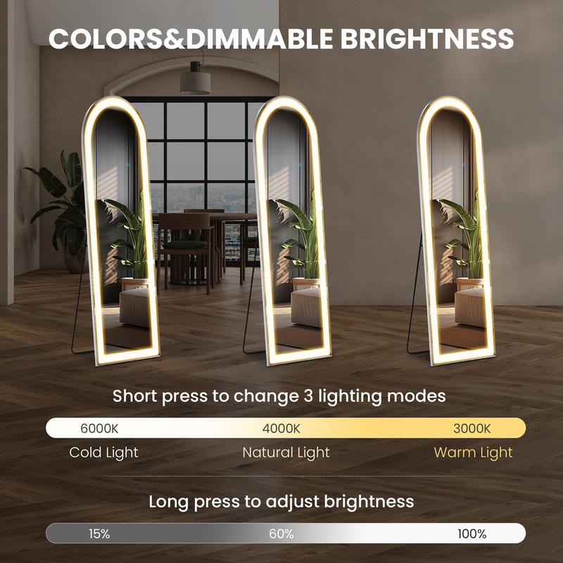 PINGO 3 Color LED Stand Mirror, Sturdy and Durable Floor Mirror with Dimmable Adjustable Brightness, No Assembly Required, For Home Bedroom, For Girl Lady Women, 62*16inch