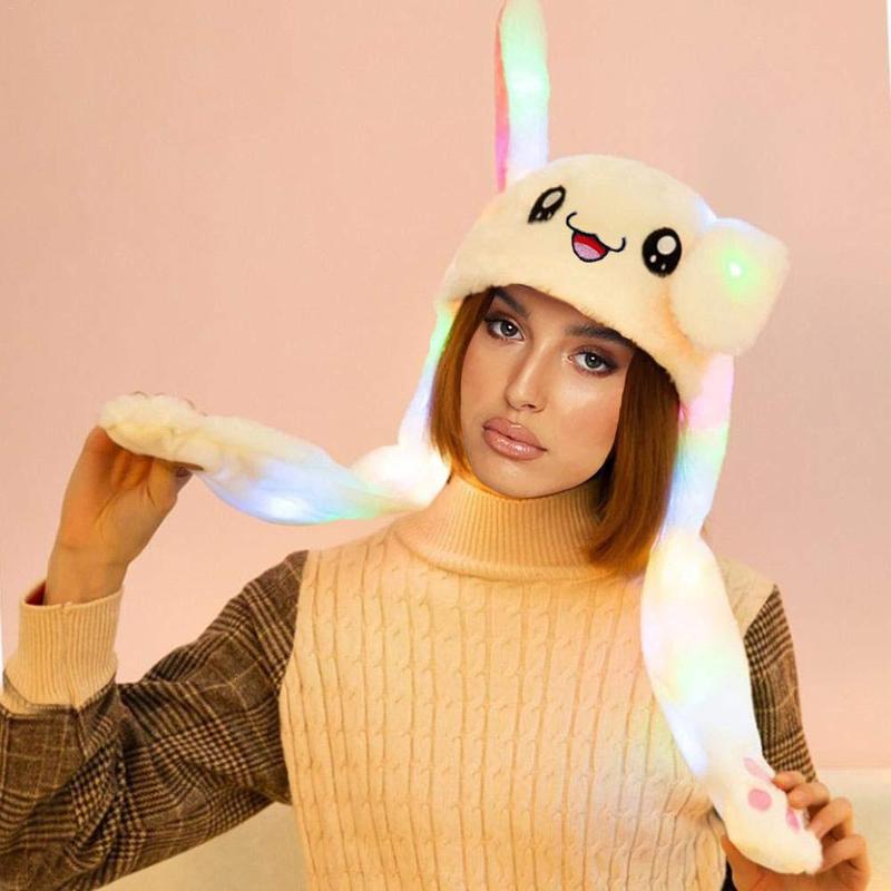 Cute Rabbit Design Plush Hat, 1 Count LED Glowing Plush Rabbit Hat, Funny Glowing and Ear Moving Bunny Hat Cap for Women Girls, Party Hat, Cosplay Props