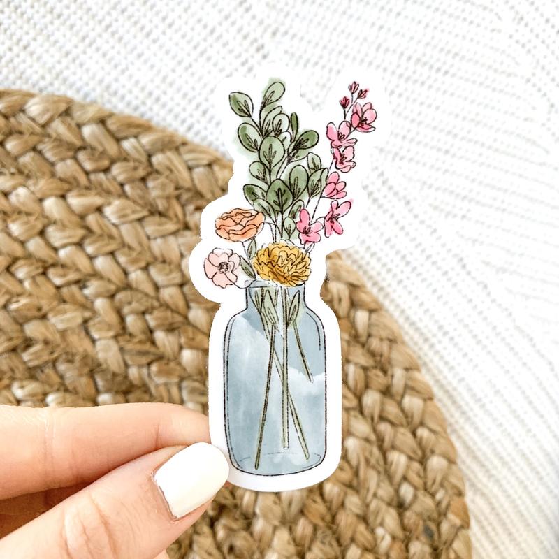 Watercolor Vase Bouquet Waterproof Vinyl Sticker, 3.5x1.75