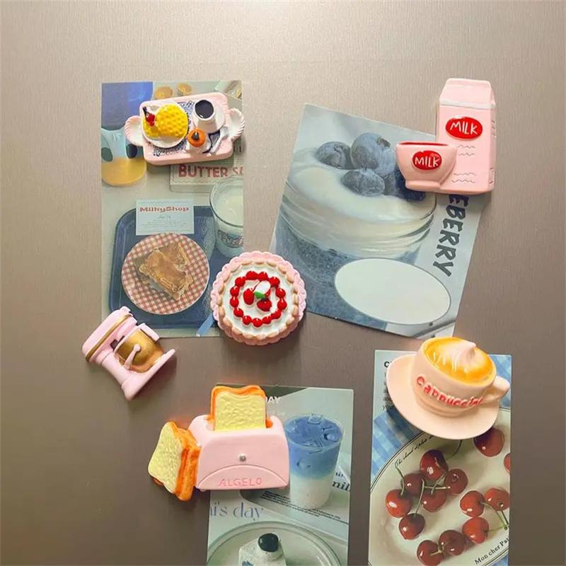 Cute 3D Cartoon Food Themed Fridge Magnets, 6 Counts Miniature Resin Kitchen Decor for Refrigerators & Whiteboards, Home Decor