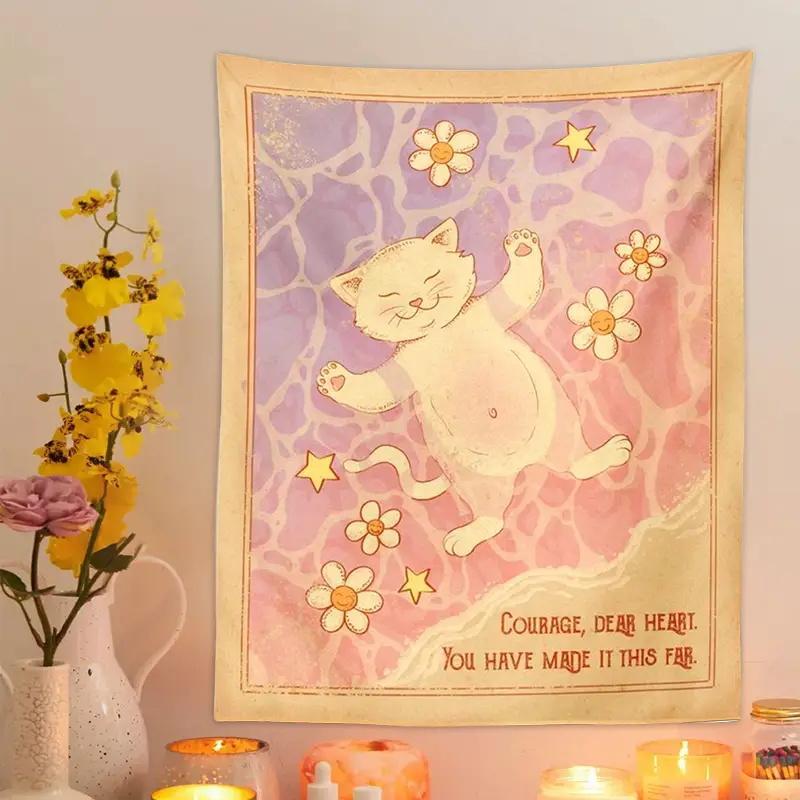 Cute Cat & Flower Print Tapestry, Wall Hanging Tapestry, Background Decoration for Home Living Room Bedroom Dormitory, Home Decoration Supplies