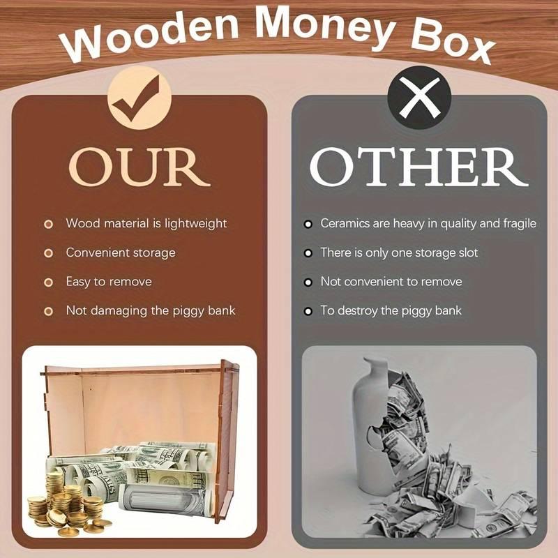 Cash Vault Wooden Savings Box, Wooden Cash Saver Money Box.