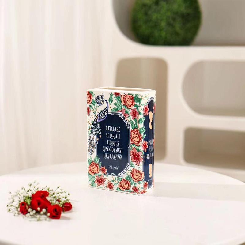 Book Shaped Decorative Vase, Flower Pattern Ceramic Vase for Home Decor, Cute Bookshelf Decor, Unique Vase for Book Lovers