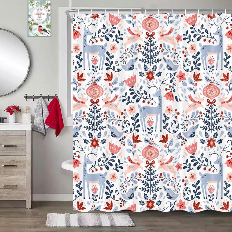 Colorful Christmas Shower Curtain Winter Holiday Bathroom Curtain, Xmas Shower Curtain with Fun Cute Deer Birds, Winter Bathroom Decor Set with Christmas Balls Poinsettia Flower Berries 72X72IN