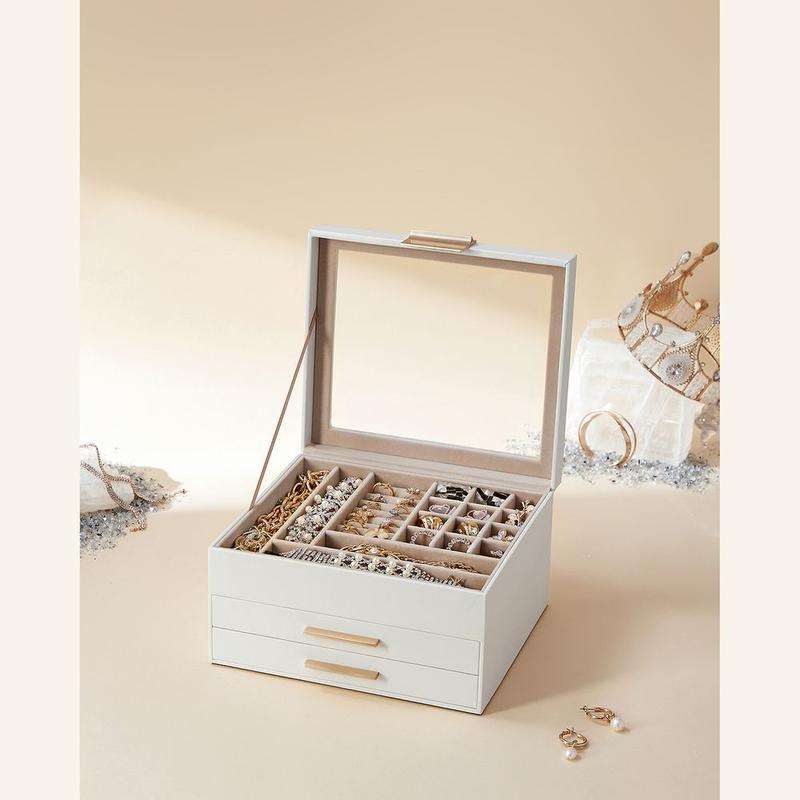 SONGMICS Jewelry Box with Glass Lid Smooth Vanity Case Small Space Organizer