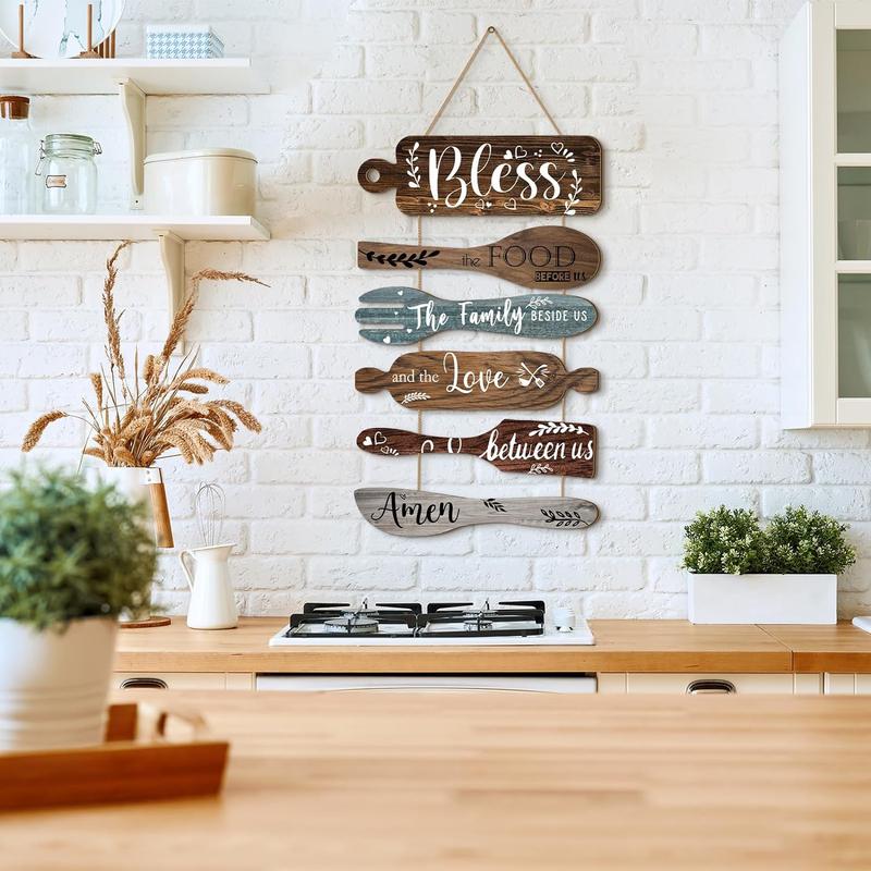 6 Pcs Bless the Food Before Us Sign Farmhouse Kitchen Wall Decor Dining Room Decorations Collage Wall Art Rustic Vertical Hanging Wood Signs for Kitchen Living Room Home(Multicolored)