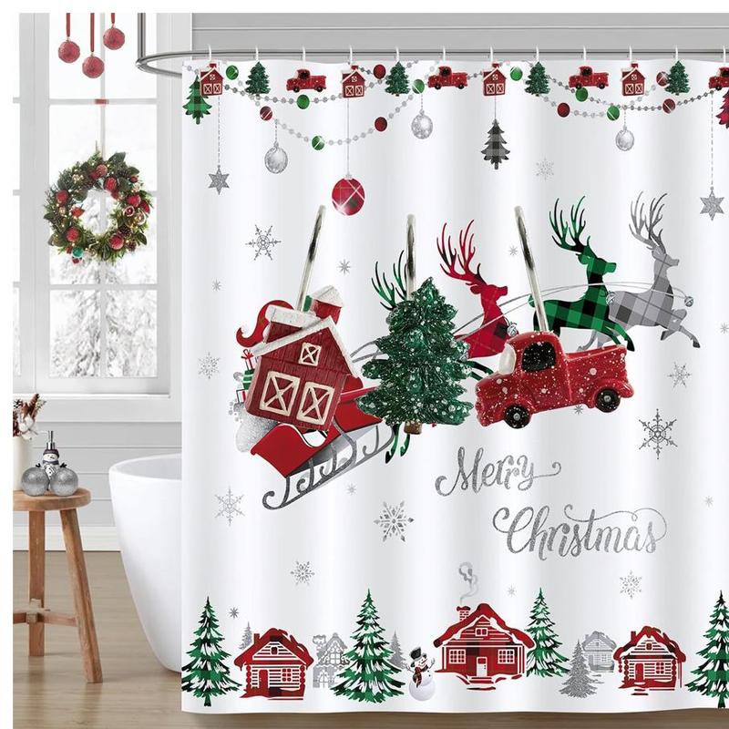 Christmas Themed Shower Curtain Hooks, 12pcs Cute Mini Car & Tree & House Design Decorative Shower Curtain Hooks, Bathroom Accessories for Home Dormitory Hotel Decor