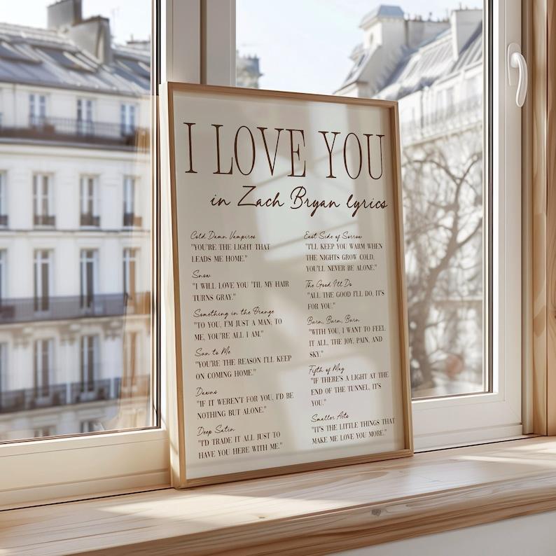 I love you Lyrics - ZB Art Print, Preppy wall art, Coastal Cowgirl, Romantic Print, College Apartment Home Decor