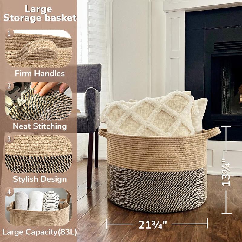 Extra Large Wicker Storage Basket, 83L Woven Jute Basket for Blankets, Clothes, Laundry, and Pillows – 21.7 x 13.8 Inch Organizer for Living Room