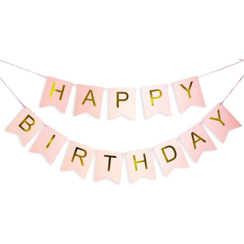 Pink Happy Birthday Banner with Shimmering Gold Letters, Happy Birthday Bunting Banner for Party Decorations for Girls Birthday