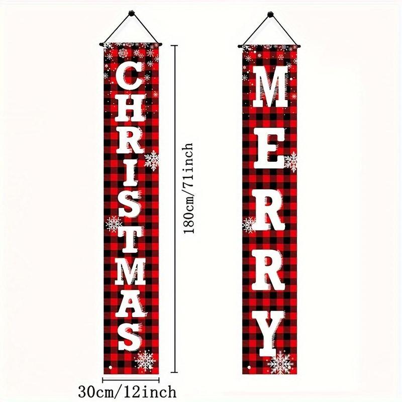 Merry Christmas Banner, 2 Counts set Letter & Plaid Pattern Festive Outdoor Decor Banner, Holiday Party Wall Hanging Decor