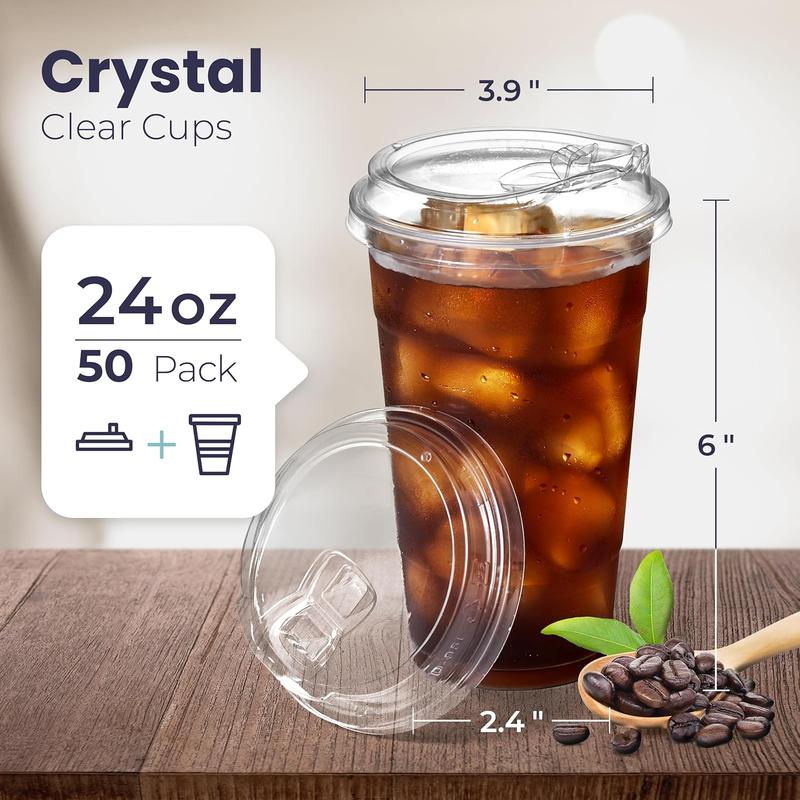 50 Pack 24 oz Clear Plastic Cups with Strawless Sip Lids, Disposable Plastic Coffee Cups with Lids, To Go Cups for Iced Coffee, Smoothies, Soda, Party Drinks, Bubble , Cold Beverage