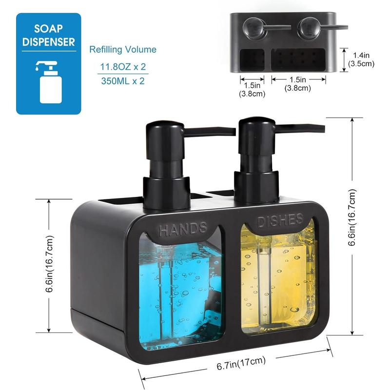 Kitchen Soap Dispenser Set, with Hand and Dish Soap, Sponge Caddy and Brush Holder 4-in-1 Kitchen Dual Soap Dispenser Set for Kitchen Sink, Bathroom - Black