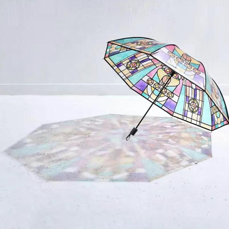 Colorful Glass Painting Pattern Umbrella, Portable Clear Automatic Folding Umbrella, Sunny and Rainy Day Dual-use Creative Umbrella for Outdoor