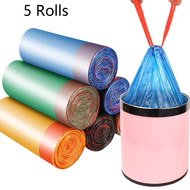 75 pcs 5 Roll Random Color Drawstring Bin Bag, Leak-proof Thick Trash Bag, Household Kitchen Garbage Bag, Durable Bin Bag, Home Care Supplies