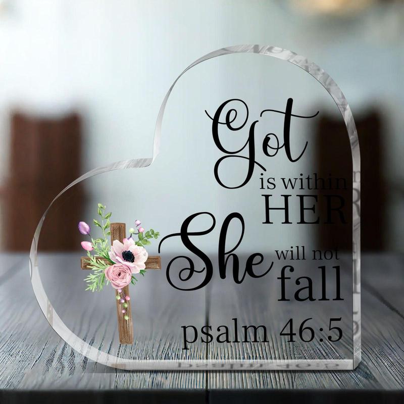 Acrylic Plaque, 1 Count Flower & Letter Pattern Christian Gift, She Will Not Fall God Psalm Scripture Table Plaque, Religious Gift for Friend Bestie