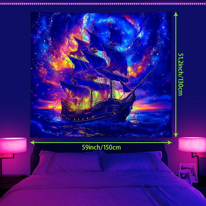 Retro Ship Pattern Tapestry, 1 Count UV Reactive Fluorescent Tapestry, Starry Sky & Cloud Sailing Decoration Wall Art for Home Living Room Bedroom