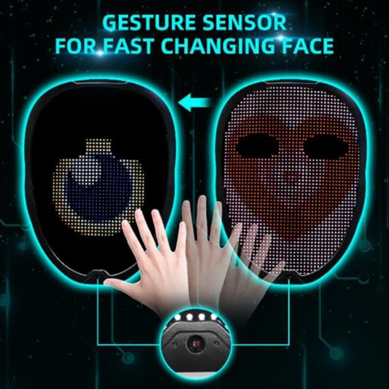 Gesture Sensing Mask, Face Transforming Mask, Gesture Face Changing Cyberpunk Mask, Rechargeable Glow In The Dark LED Light Up Mask with App Control for Costume Cosplay Party Masquerade, Party Accessories